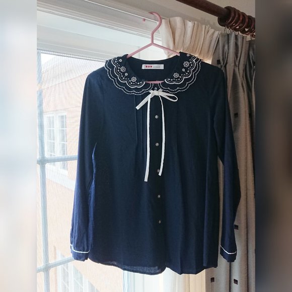 Tops - Navy Cotton Long Sleeve Shirt with Embroidered Scalloped Collar - 2/$35